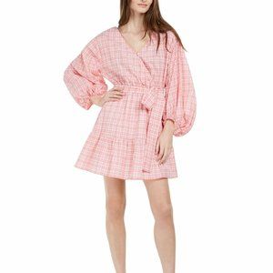 MICHAEL KORS Coral Check V Neck Mini Wrap Dress
